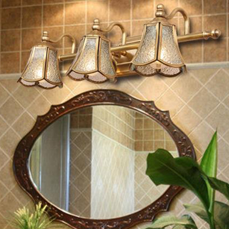 Classic Brass Trumpet Vanity Sconce With Textured Glass: Wall Mounted Light Fixture (2/3 Bulbs)