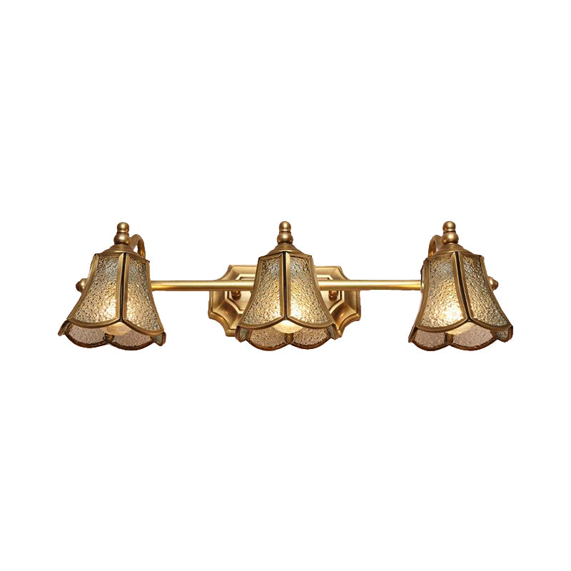 Classic Brass Trumpet Vanity Sconce With Textured Glass: Wall Mounted Light Fixture (2/3 Bulbs)