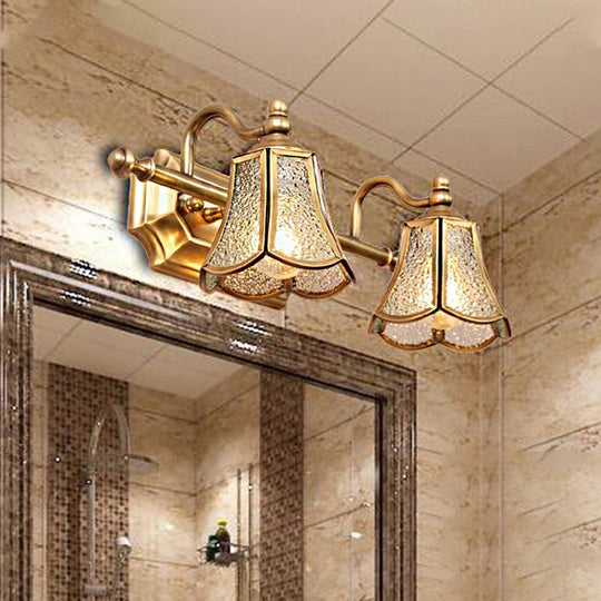 Classic Brass Trumpet Vanity Sconce With Textured Glass: Wall Mounted Light Fixture (2/3 Bulbs)