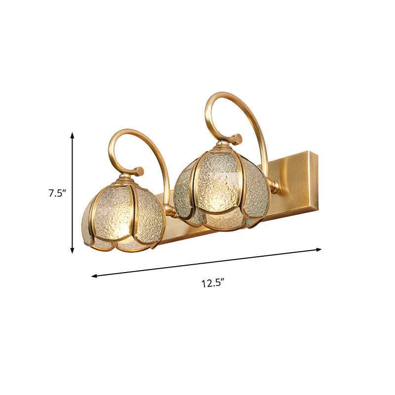 Traditional Brass Water Glass Sconce Light Fixture With Curved Arm - 2/3 Flower Bar Bulbs