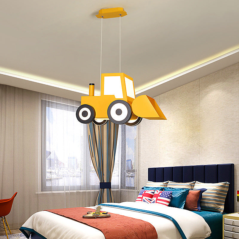 Cartoon Bulldozer Led Chandelier: Metal Lighting Fixture For Boys Bedroom