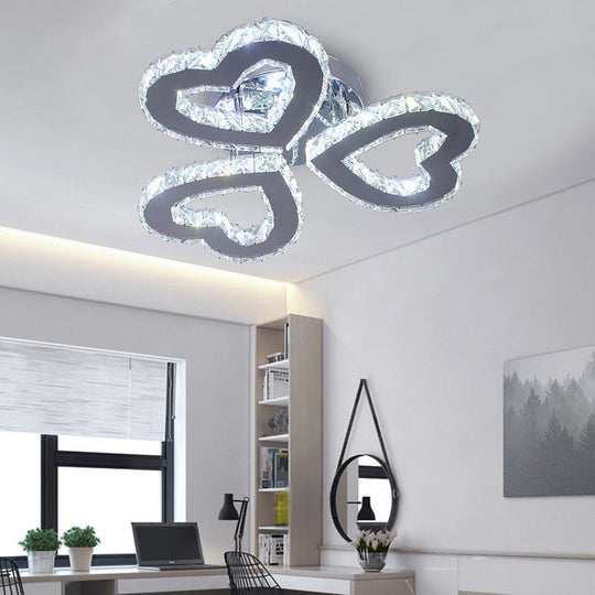 Minimalist Crystal LED Ceiling Light for Bedroom - Heart Shaped Semi Flush, Stainless Steel Finish