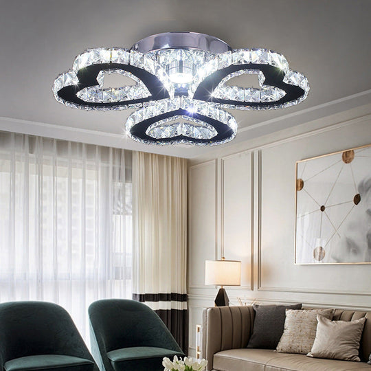 Minimalist Crystal LED Ceiling Light for Bedroom - Heart Shaped Semi Flush, Stainless Steel Finish