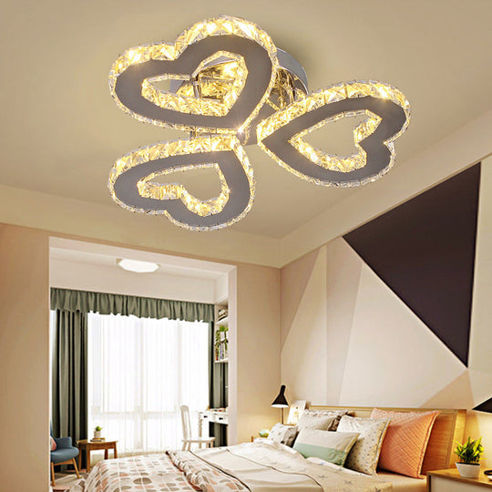 Minimalist Crystal LED Ceiling Light for Bedroom - Heart Shaped Semi Flush, Stainless Steel Finish