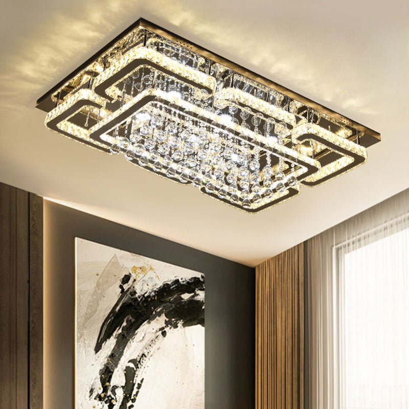 Modern Crystal Chrome Rectangle Flush Mount Lamp for Living Room Ceiling