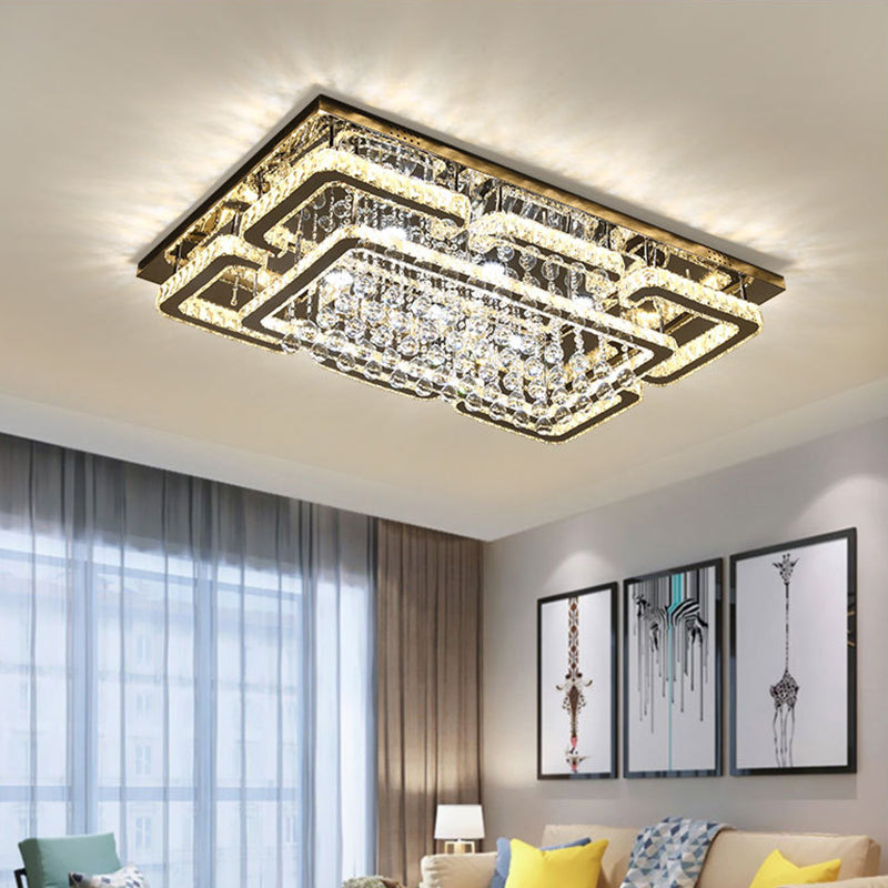 Modern Crystal Chrome Rectangle Flush Mount Lamp for Living Room Ceiling