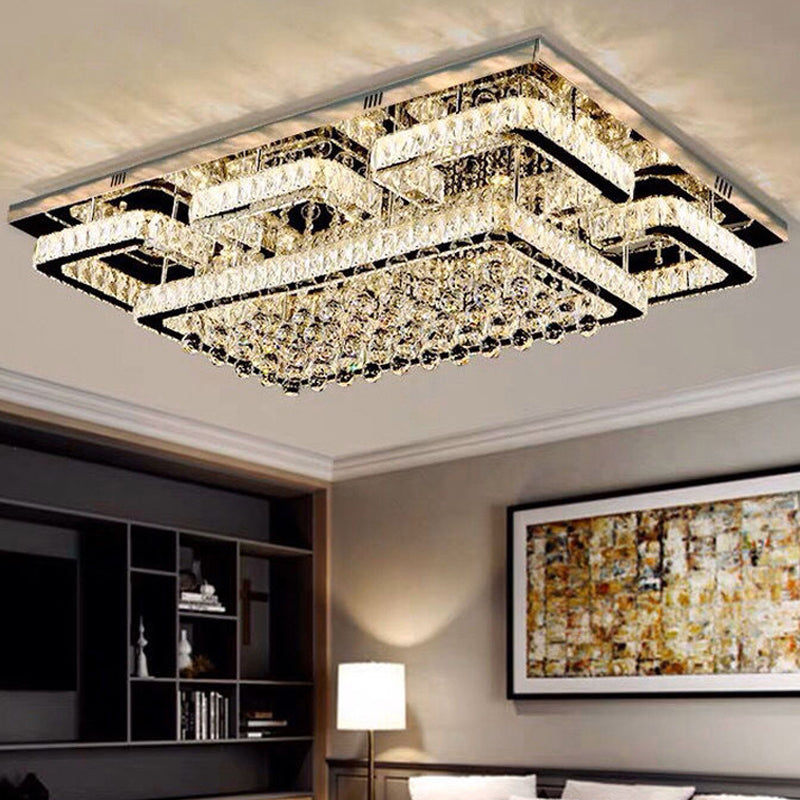 Modern Crystal Chrome Rectangle Flush Mount Lamp for Living Room Ceiling