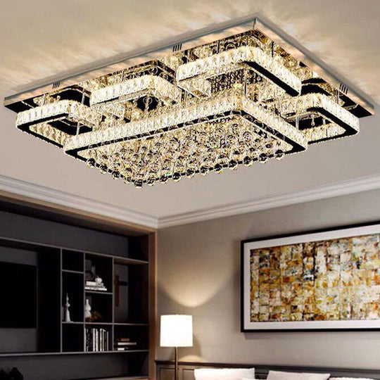 Modern Crystal Chrome Rectangle Flush Mount Lamp For Living Room Ceiling