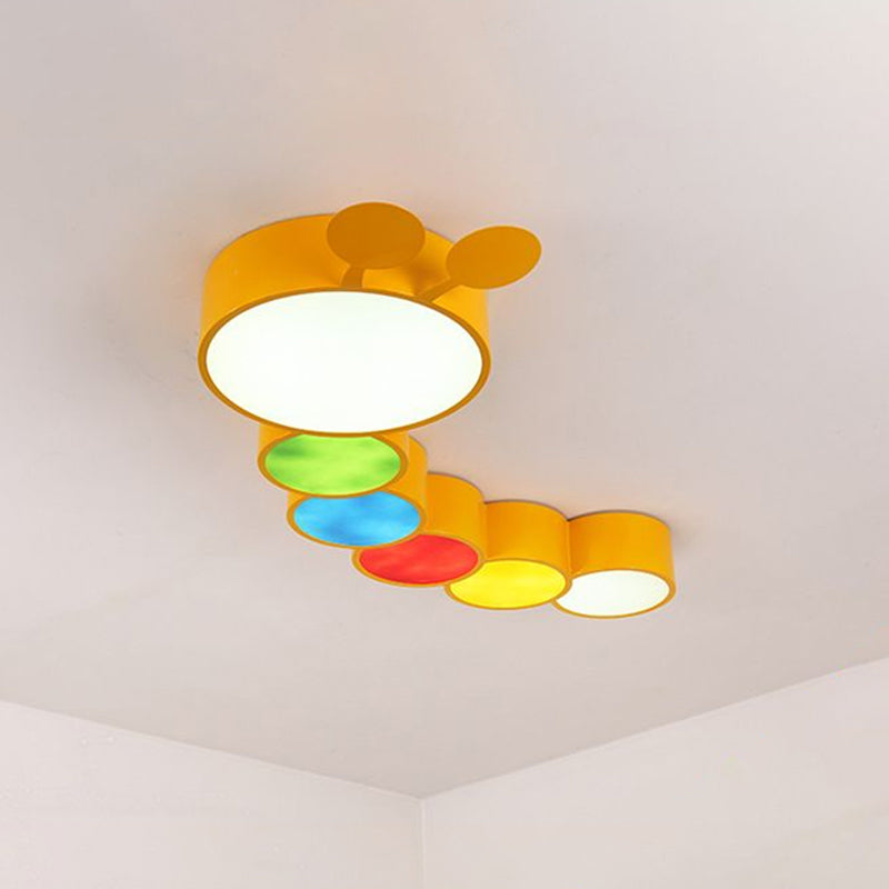 Lighting Up Learning: Yellow Metal Led Flush Mount Fixture With Adorable Cartoon Caterpillar Design