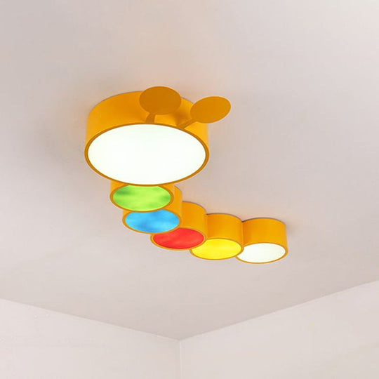 Lighting Up Learning: Yellow Metal Led Flush Mount Fixture With Adorable Cartoon Caterpillar Design