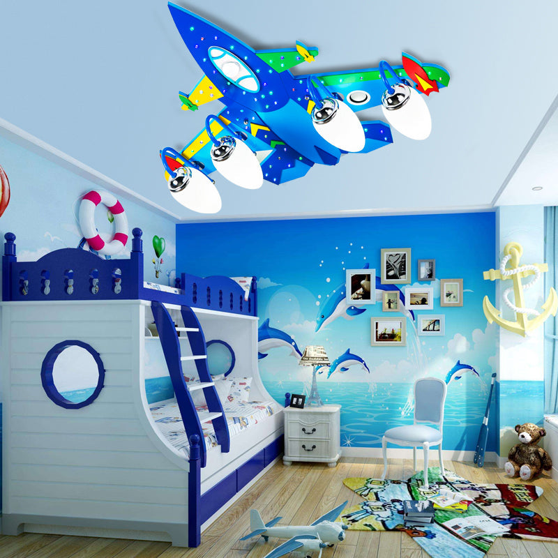 Blue Wooden Cartoon Jet Ceiling Lamp for Children's Bedroom