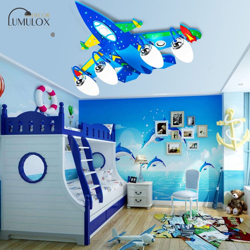 Wooden Cartoon Flush Mount Light Fixture in Blue - Jet Children's Bedroom Ceiling Lamp