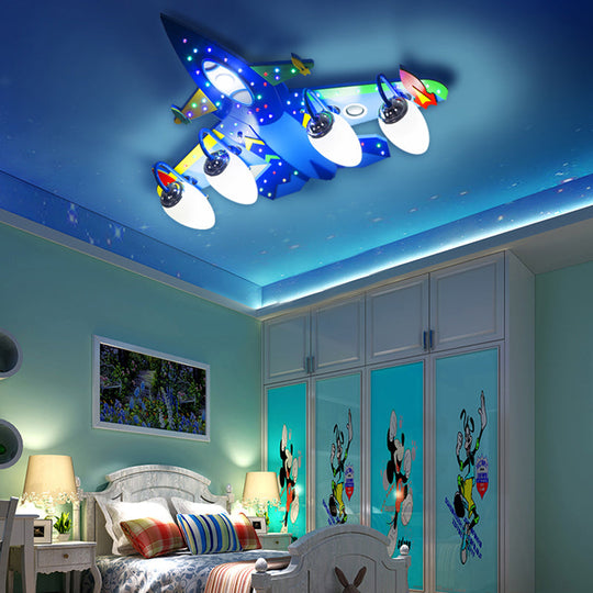 Blue Wooden Cartoon Jet Ceiling Lamp for Children's Bedroom