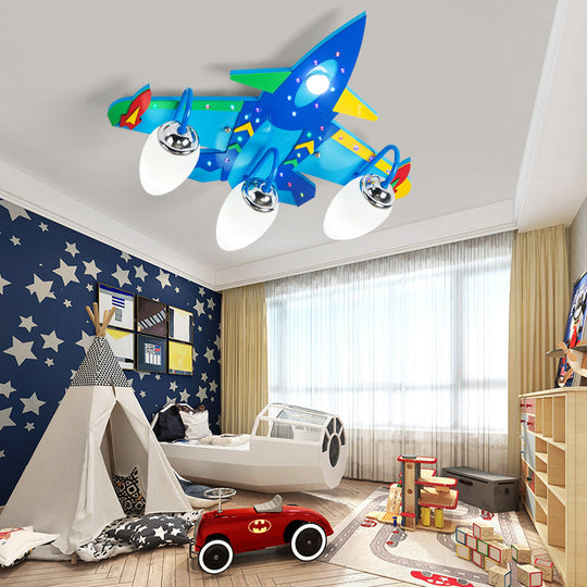 Blue Wooden Cartoon Jet Ceiling Lamp for Children's Bedroom