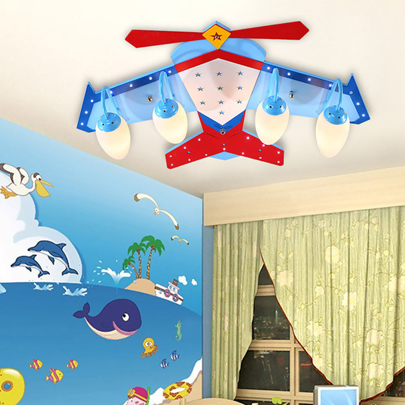 Kids Blue Flush Mount Fixture With Oval Cream Glass Shade - Wooden Plane Ceiling Light In Wood