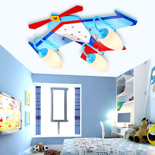 Kids Blue Flush Mount Fixture With Oval Cream Glass Shade - Wooden Plane Ceiling Light In Wood