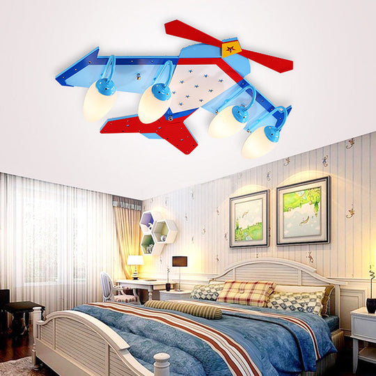 Kids Blue Flush Mount Fixture with Oval Cream Glass Shade - Wooden Plane Flush Ceiling Light in Wood Finish