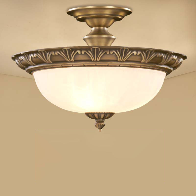 Traditional Bronze Bowl-Shaped Ceiling Lamp With Opal Glass - Elegant Semi-Mount Lighting For