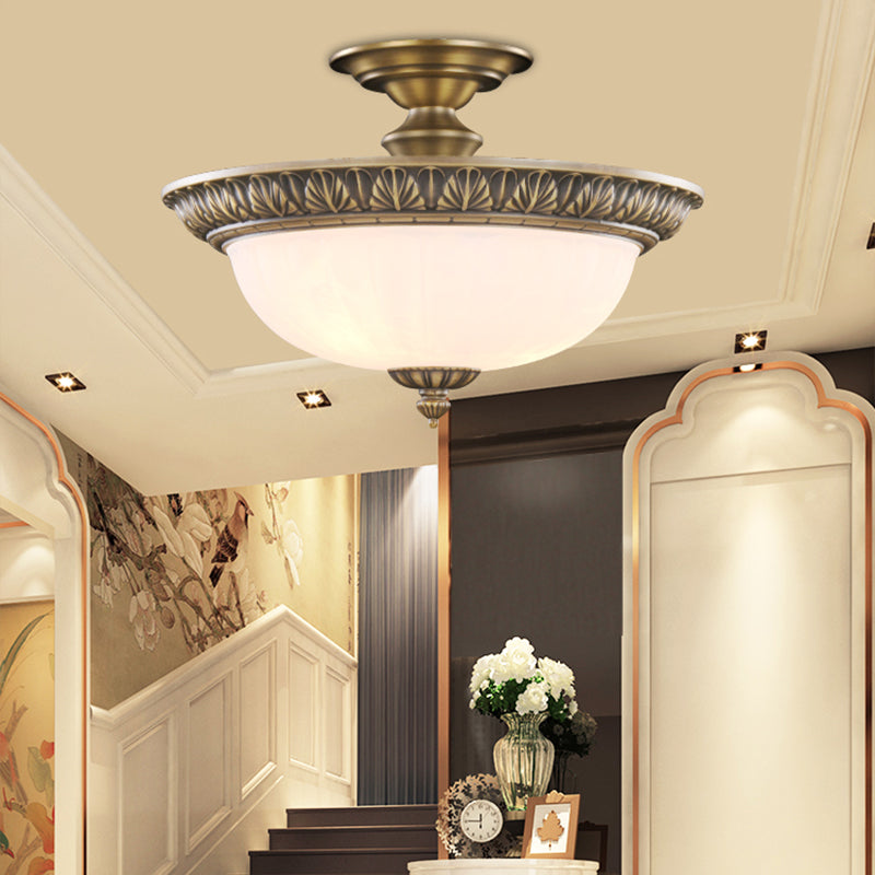 Traditional Bronze Bowl-Shaped Ceiling Lamp with Opal Glass - Elegant Semi-Mount Lighting for Hallways (4-Light)