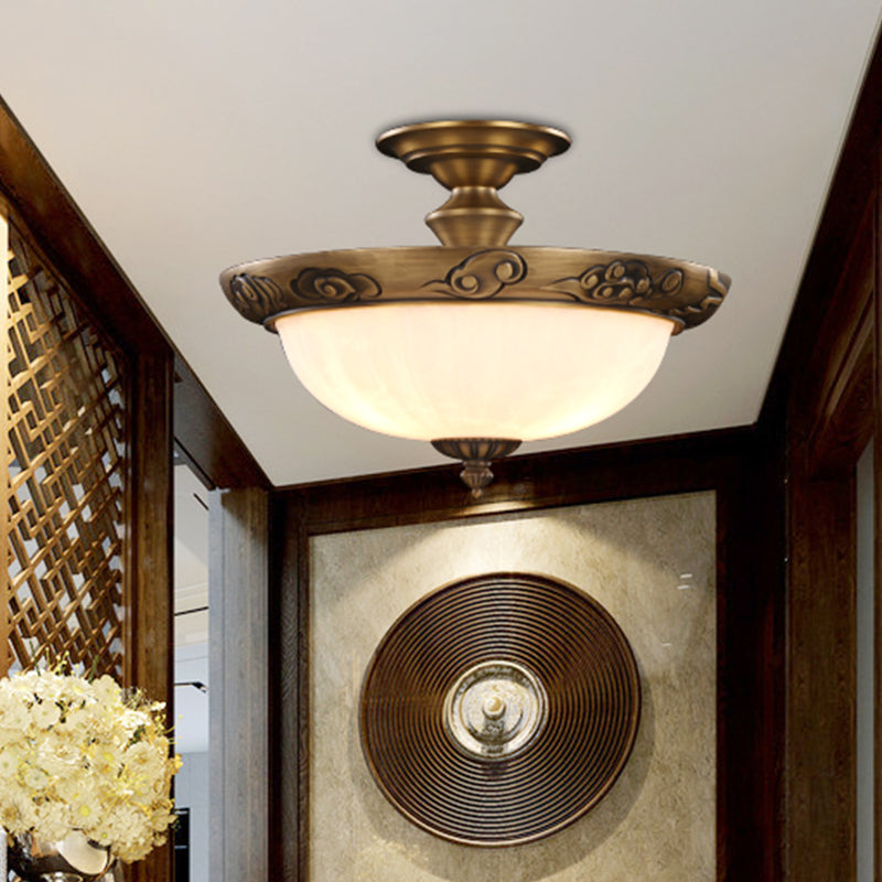 Traditional Bronze Bowl-Shaped Ceiling Lamp with Opal Glass - Elegant Semi-Mount Lighting for Hallways (4-Light)