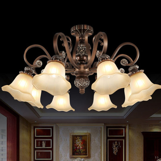 Floral Semi Flush Ceiling Light with Antique Bronze Finish and Frosted Glass – Ideal for Living Room