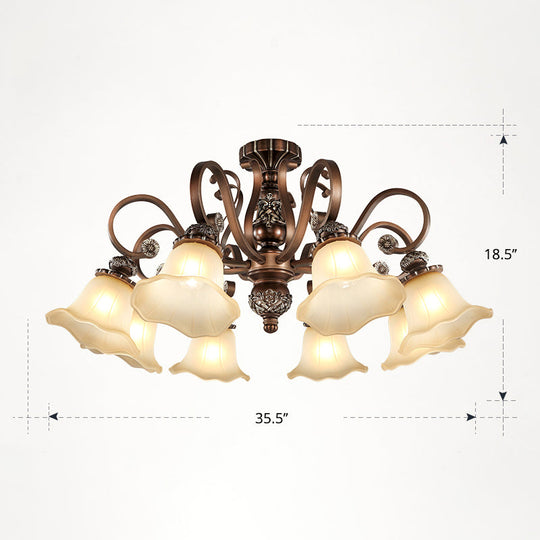 Floral Semi Flush Ceiling Light with Antique Bronze Finish and Frosted Glass – Ideal for Living Room