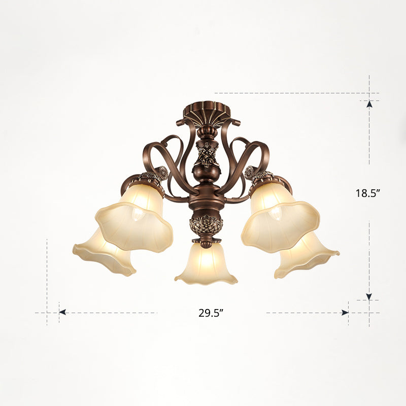 Floral Semi Flush Ceiling Light with Antique Bronze Finish and Frosted Glass – Ideal for Living Room