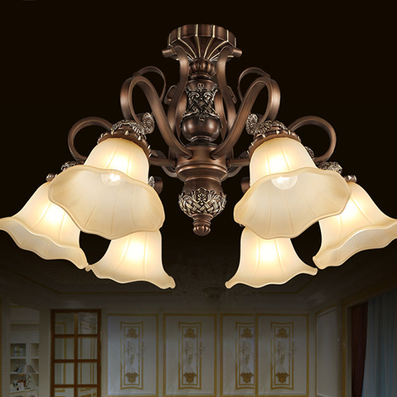 Floral Semi Flush Ceiling Light with Antique Bronze Finish and Frosted Glass – Ideal for Living Room