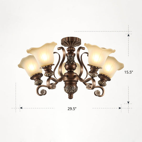 Floral Semi Flush Ceiling Light with Antique Bronze Finish and Frosted Glass – Ideal for Living Room