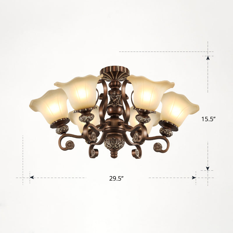 Floral Semi Flush Ceiling Light with Antique Bronze Finish and Frosted Glass – Ideal for Living Room