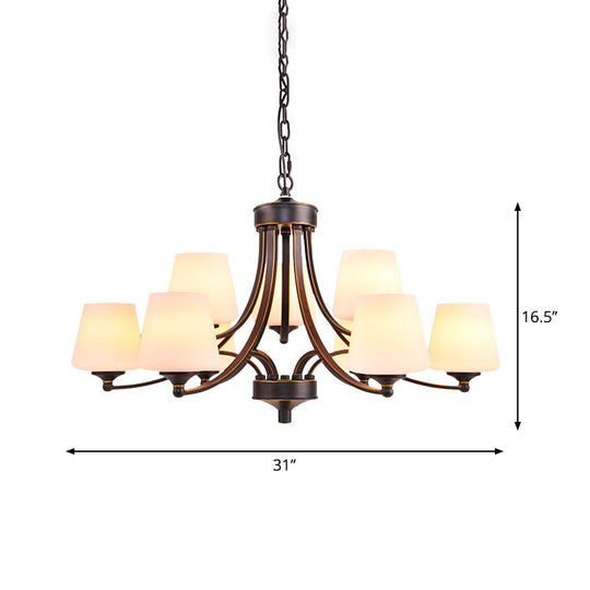 Rustic Gold-Black Conical Up Chandelier With Ivory Glass Hang For Living Room 9 /