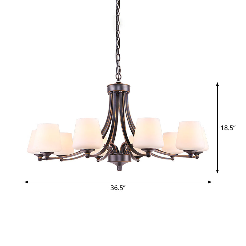 Rustic Gold-Black Conical Up Chandelier With Ivory Glass Hang For Living Room 10 /