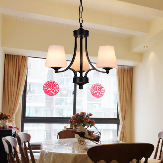 Rustic Gold-Black Conical Up Chandelier With Ivory Glass Hang For Living Room