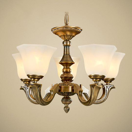 Frosted Glass Chandelier: Paneled Bell Pendant Light In Traditional Gold Design For Dining Rooms