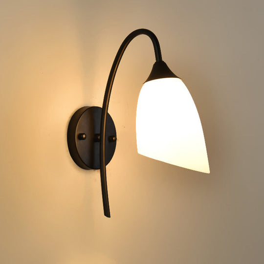 Rustic Black Gooseneck Wall Light With Milk Glass Shade - Bedroom Sconce Lamp