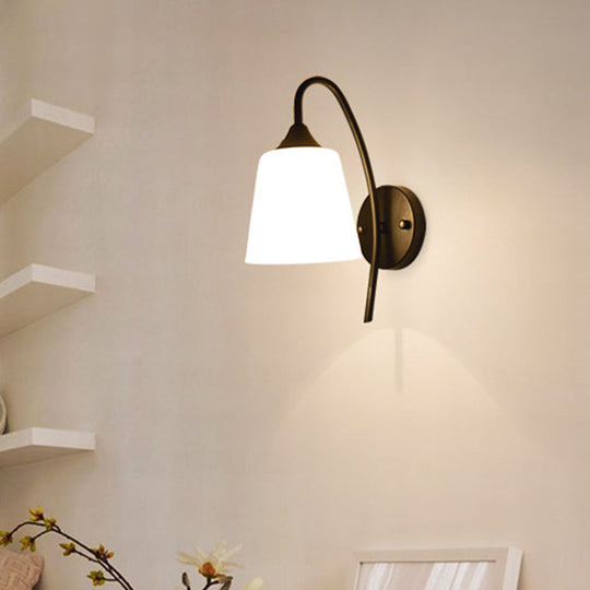 Rustic Black Gooseneck Wall Light With Milk Glass Shade - Bedroom Sconce Lamp