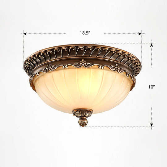 Country Style Dome Ceiling Mount Lamp For Bedroom - Opal Rib Glass Flush Light Fixture Coffee /