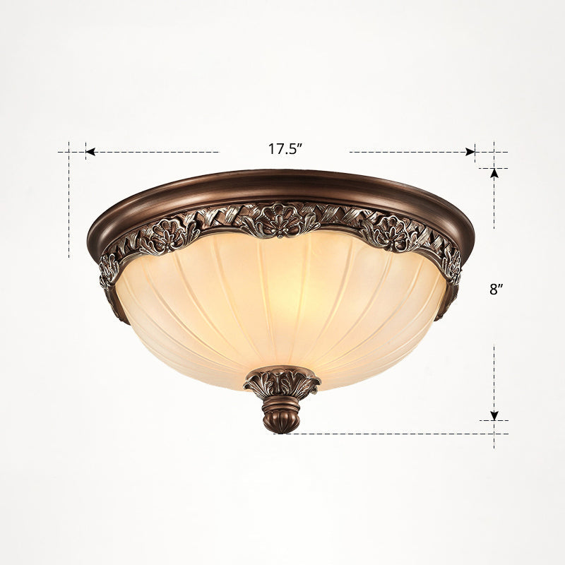 Country Style Dome Ceiling Mount Lamp For Bedroom - Opal Rib Glass Flush Light Fixture Brown / Large