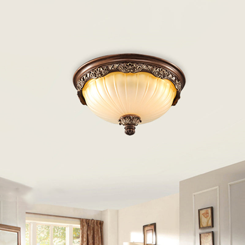 Country Style Dome Ceiling Mount Lamp For Bedroom - Opal Rib Glass Flush Light Fixture