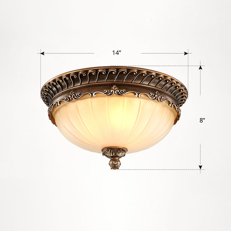 Country Style Dome Ceiling Mount Lamp For Bedroom - Opal Rib Glass Flush Light Fixture Coffee /