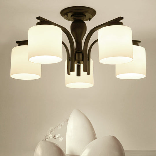 Country Living Room Chandelier with Milk Glass Shade - Semi Flush Mount Ceiling Light in Black