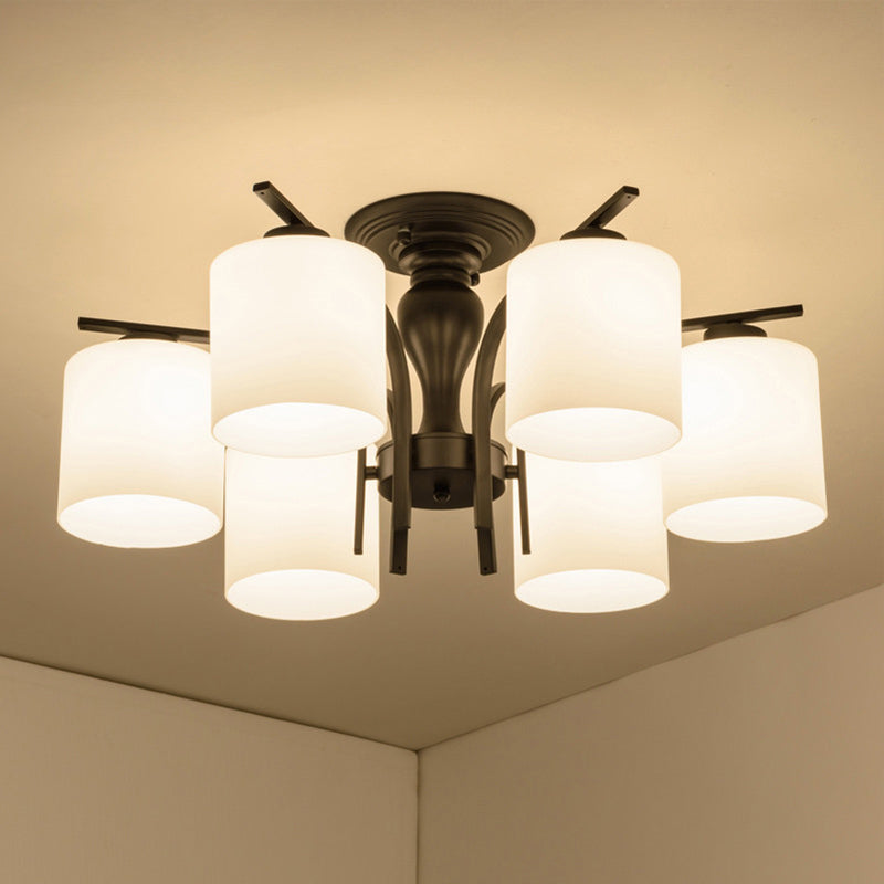 Country Living Room Chandelier with Milk Glass Shade - Semi Flush Mount Ceiling Light in Black