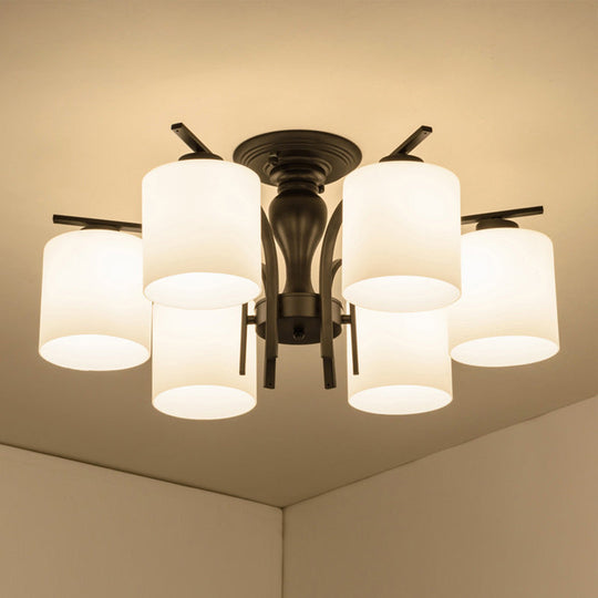 Country Living Room Chandelier with Milk Glass Shade - Semi Flush Mount Ceiling Light in Black