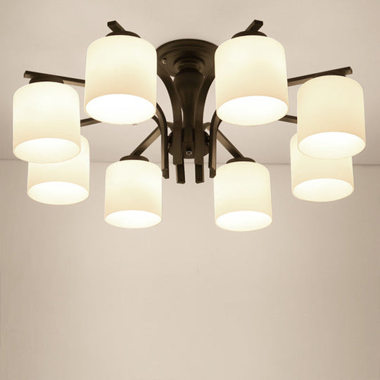 Country Living Room Chandelier with Milk Glass Shade - Semi Flush Mount Ceiling Light in Black