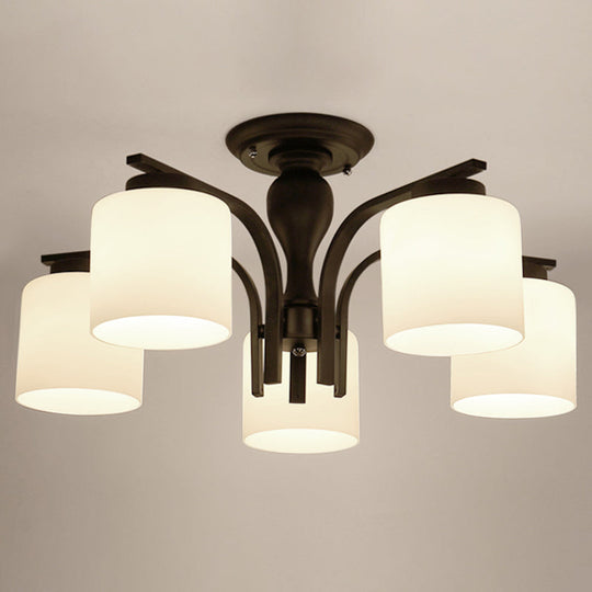 Country Living Room Chandelier with Milk Glass Shade - Semi Flush Mount Ceiling Light in Black