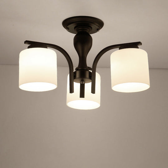 Country Living Room Chandelier with Milk Glass Shade - Semi Flush Mount Ceiling Light in Black