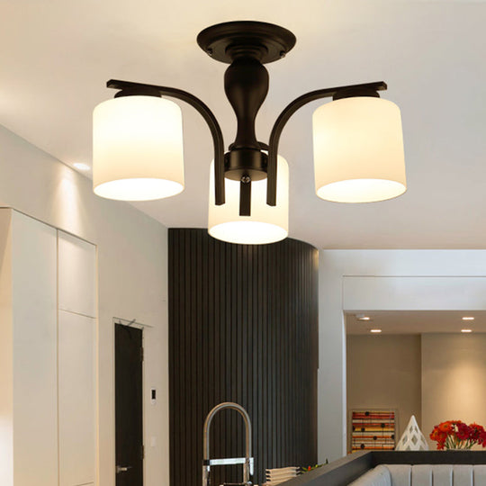 Country Living Room Chandelier with Milk Glass Shade - Semi Flush Mount Ceiling Light in Black