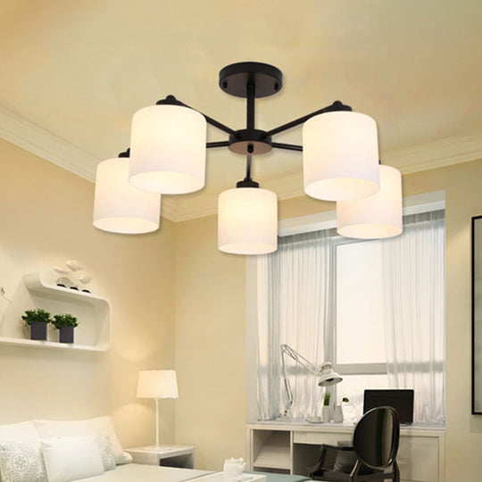 Rustic Opal Glass Cylinder Bedroom Ceiling Chandelier Light - Black Finish