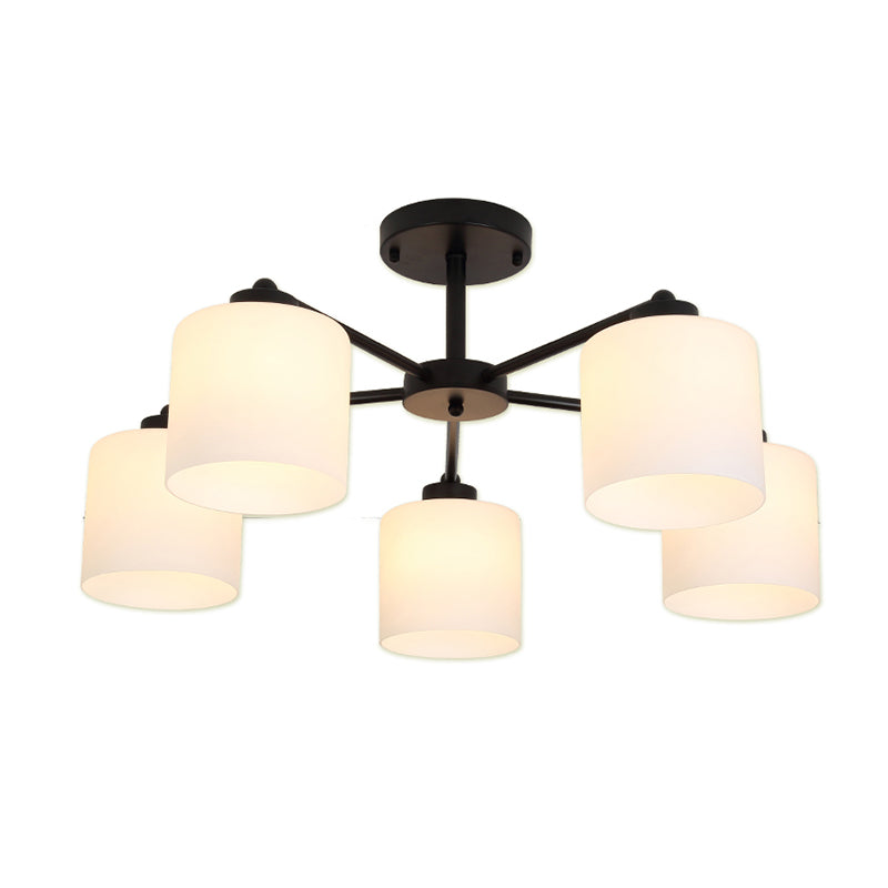 Rustic Opal Glass Cylinder Bedroom Ceiling Chandelier Light - Black Finish