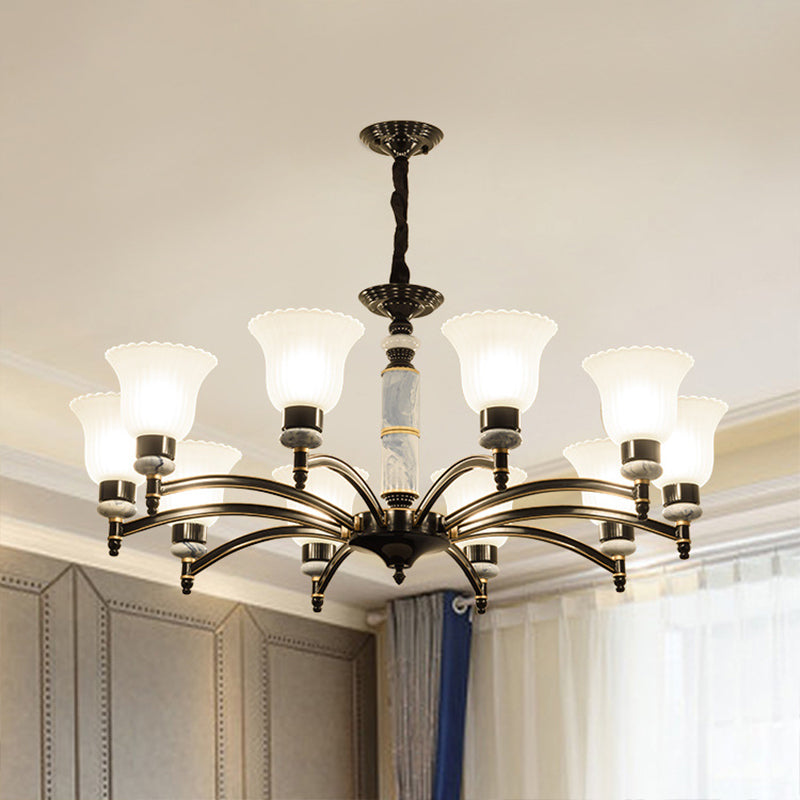 Vintage Black Frosted Glass Flared Chandelier With Scalloped Edge For Bedroom Pendant Lighting